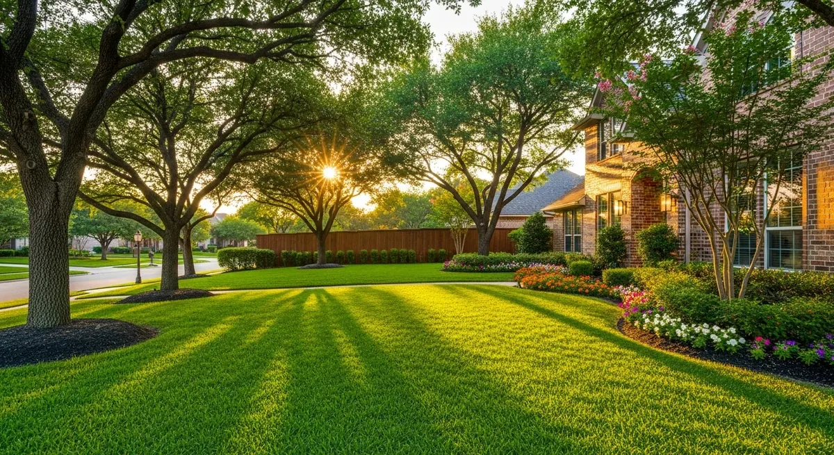 Beautiful green lawn and trees in a Dallas-Fort Worth residential yard